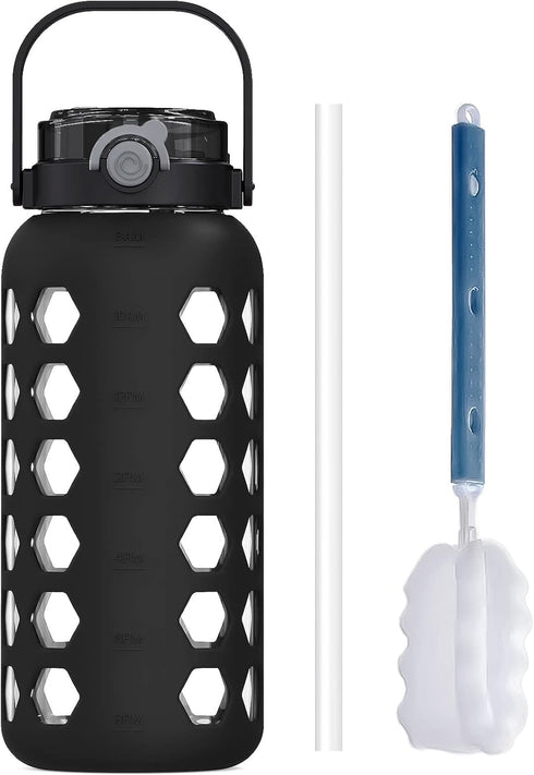 MUKOKO 64 oz Half Gallon Glass Water Bottles with Straw and Lid, Motivational Water Jug with Time Marker Reminder
