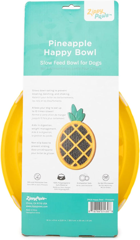 ZippyPaws Happy Bowl, Slow Feed Dog Bowl, Up to 10x Slower Eating, Dishwasher Safe, Non-Slip Pineapple