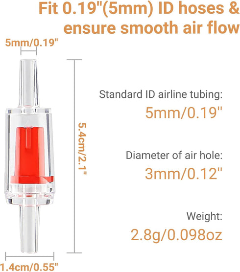 10PCS Aquarium Air Check Valve, One Way Non-Return Check Valve for Aquarium Air Pump, for 3/16 Inch Airline Tubing, Fish Tank Accessories (Red)