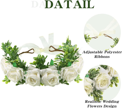 Dog Wedding Flower Collar, Elegant Wreath Bow for Weddings, Pet Photo Prop for Cats and Dogs (Large, White)