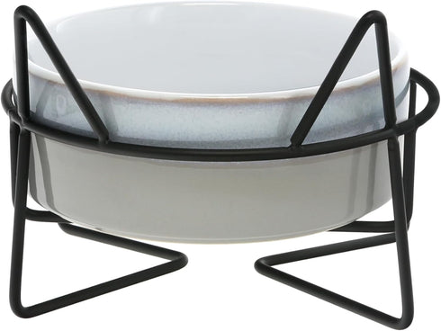 Pavilion Meow Kitty Cat Ceramic Dish Bowl, 13 oz Food Water Meal Time Stoneware with Metal Iron Stand, Pet Accessories