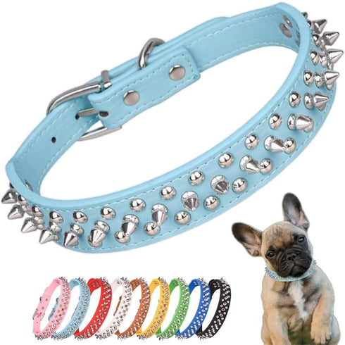 Spiked Dog Collar - Soft PU Leather Mushrooms Rivet Spike Studded Adjustable Collar for Cats and Dogs (XL, Light Blue)
