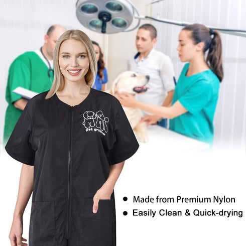Noverlife M Size Short Sleeves Pet Grooming Work Clothes, Splash Proof Anti-Static Smock with Full Zipper for Dog Cat