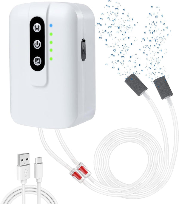 GuDoQi Rechargeable Aquarium Air Pump, Dual Outlet Fish Aerator, 2W Quiet Adjustable for 120 Gallon Tank