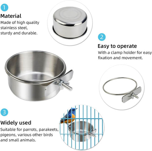 2 Pack Stainless Steel Bird Bowls for Cage, Parrot Food Water Feeder, Hanging Bowl Crate Cups for Small Animals