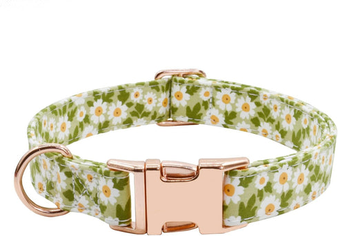 Metal Buckle Dog Collar, Durable Adjustable Soft Collar for Small Medium Large Dogs (003-Green Flower, S, 10-14in)
