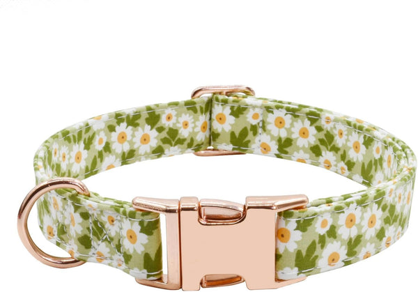 Metal Buckle Dog Collar, Durable Adjustable Soft Collar for Small Medium Large Dogs (003-Green Flower, S, 10-14in)