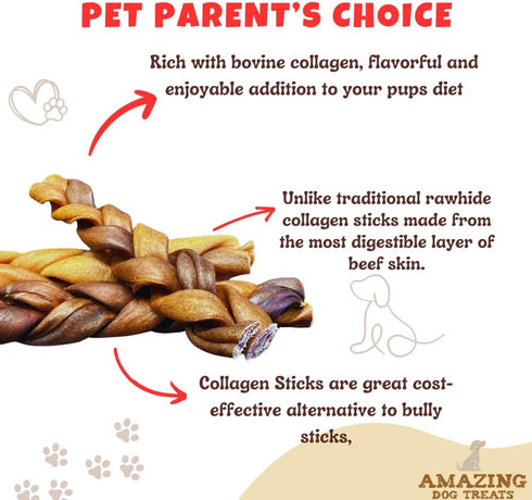 Amazing Dog Treats - 6 Inch Braided Collagen Sticks for Dogs, 10 Count - Collagen Bully Sticks, 95% Natural, No Hide