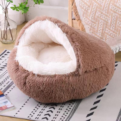 Cat Bed Round Fluffy Hooded Cave - Anti-Anxiety Cozy Cuddler Luxury Pet Bed with Hooded Blanket, Machine Washable Brown