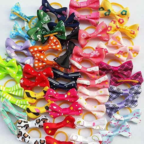 Chenkou Craft 50pcs (25pairs) Dog Cat Hair Bows with Rubber Band, Mix Colors & Patterns, Pet Hair Accessories