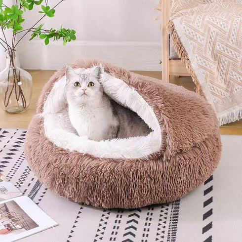 Cat Bed Round Fluffy Hooded Cave - Anti-Anxiety Cozy Cuddler Luxury Pet Bed with Hooded Blanket, Machine Washable Brown