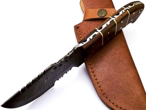 Rare Custom Blood Grooved Damascus Tracker Survival Knife with Full Tang Handle and Genuine Leather Sheath (TR-80)