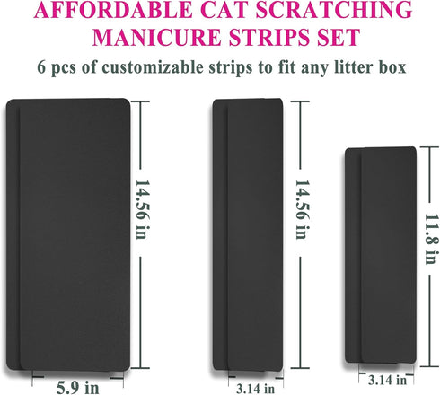 Cat Nail File Scratching Strips - 6 Pcs Litter Box Scratcher Liner, 3 Pairs Peel Stick Strips in Different Sizes (Black)