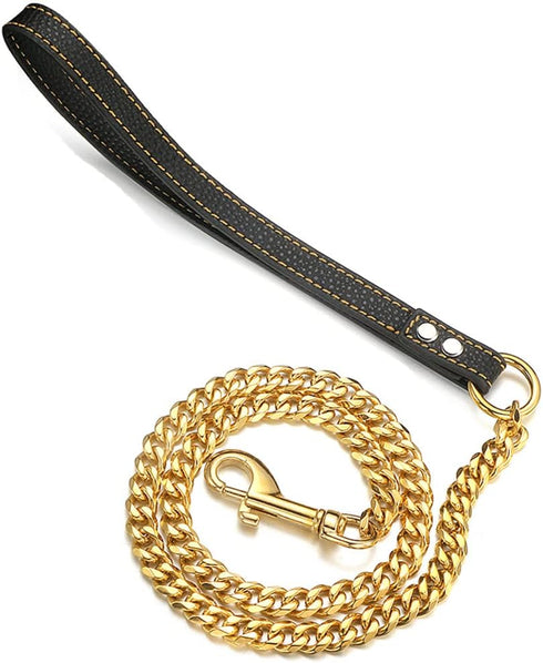 18K Gold Dog Chain Leash, 11MM Solid Chew Proof Stainless Steel Cuban Link with Smooth Leather Handle, 3FT/4FT/5FT