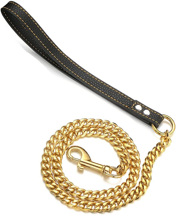 18K Gold Dog Chain Leash, 11MM Solid Chew Proof Stainless Steel Cuban Link with Smooth Leather Handle, 3FT/4FT/5FT