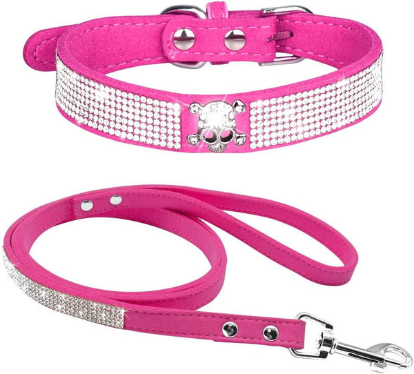 Rhinestone Dog Collar and Leash Set, Cute Dazzling Soft Velvet Leather Collar for Small Pet Dog Cat Puppy (XS:21-27 cm,