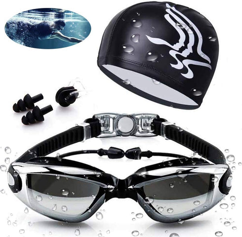 Swimming Goggles and Cap Set 4 in 1, Waterproof with UV 400 Protection, Clear Anti-Fog Lenses