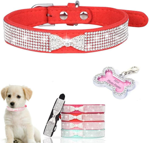 Puppy Collar with Rhinestone Name Plate - Pretty Bow Crystal Glitter Jewel Bling Collar for XXS XS Small Medium Pet