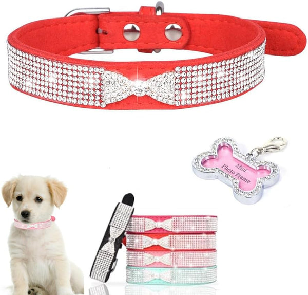Puppy Collar with Rhinestone Name Plate - Pretty Bow Crystal Glitter Jewel Bling Collar for XXS XS Small Medium Pet