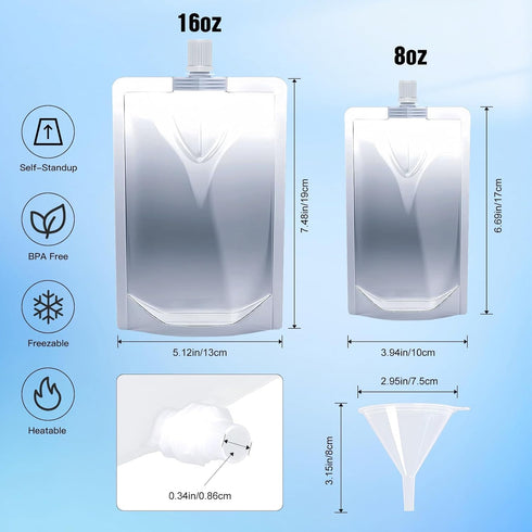 8&16OZ 30PCS Drink Pouches,Reusable Plastic Flask with Funnel for Drinking Liquid Beverage Juice,Stand Up Drink Bags