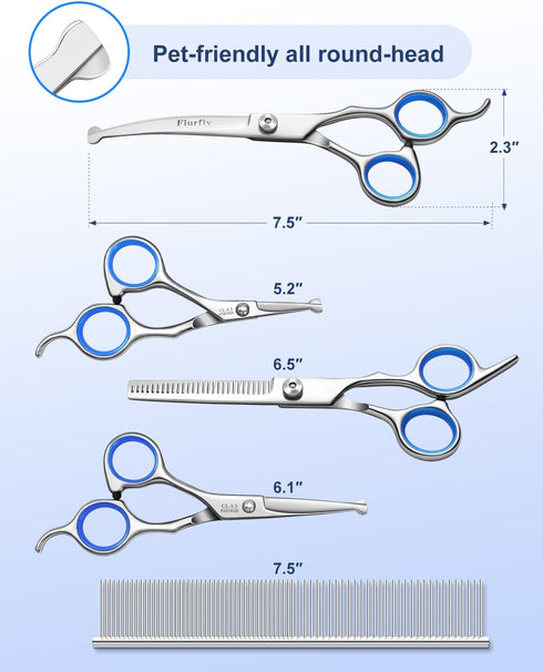 Furry Grooming Scissors with Safety Round Heads. Dog Grooming Scissors, 5CR 6 in 1 Dog Grooming Scissors, Curved Dog Grooming Scissors, Professional Pet Grooming Scissors Set for Dogs and Cats by Fiurfiy