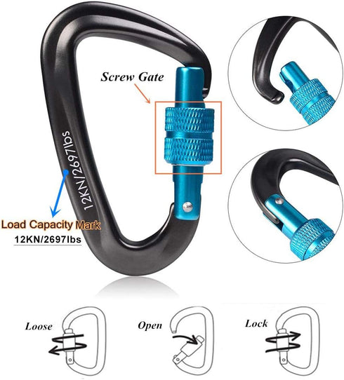 STURME Lightweight Aluminium Carabiner Clip Set (12KN) - Heavy Duty D-Ring Hooks for Hammock, Improved Design 2022