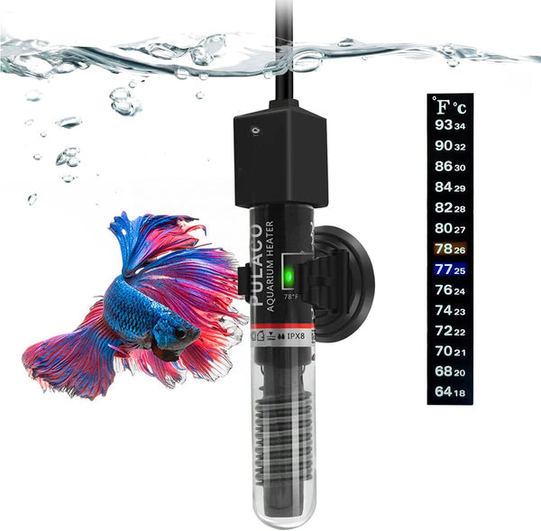 PULACO 25W Small Aquarium Submersible Betta Heater with Free Thermometer Strip for Under 6 Gallon Tanks