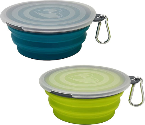 Small Collapsible Dog Bowl, 12oz, 2 Pack Portable and Foldable Pet Travel Bowls with Carabiners & Lids (Blue+Green+Grey)