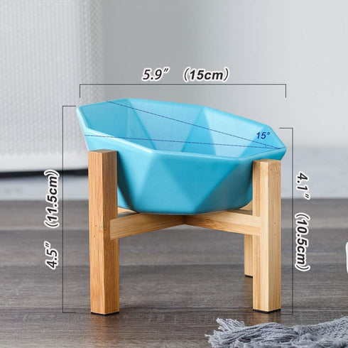 Blue with stand Ceramic Tilted Elevated Raised Pet Bowl with bamboo Stand for Cats and Dogs No Spill Pet Food Water Feeder