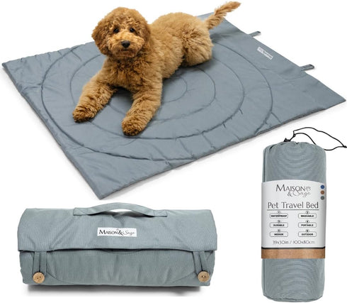 Portable Dog Mat, Waterproof & Foldable Pet Bed for Indoor, Outdoor, Travel, 39"x30", Grey, Includes Carry Bag