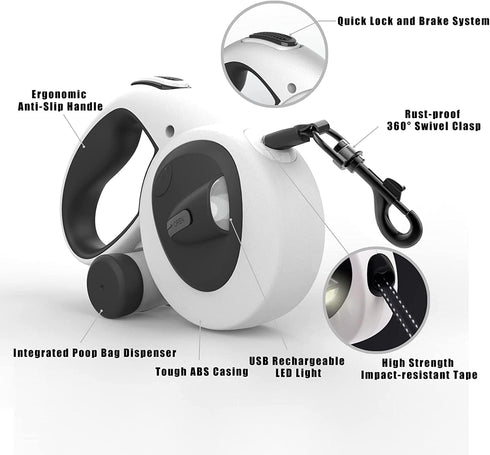 Upgrade 4-in-1 Retractable Dog Leash with LED Light & Dispenser & Poop Bags, 16ft Heavy Duty for Dogs up to 44lbs