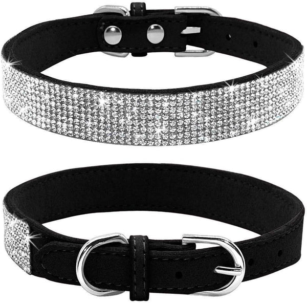 Cute Dazzling Rhinestone Dog Collar, Soft Suede Leather for Dogs and Cats, Black, M (Neck 32-38 cm)