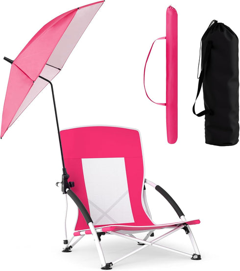 GYMAX Beach Chair with Umbrella, 330lbs Folding Low Beach Chairs with High