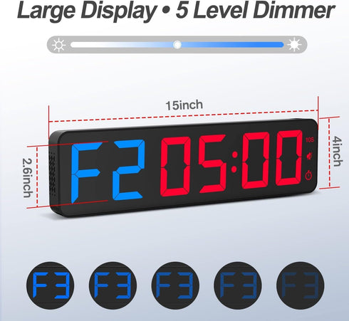 15" Count Gym Timer Large LED Display Wall Clock | Gym Interval Workout | Down & Up | Stopwatch | Adjustable Buzzer