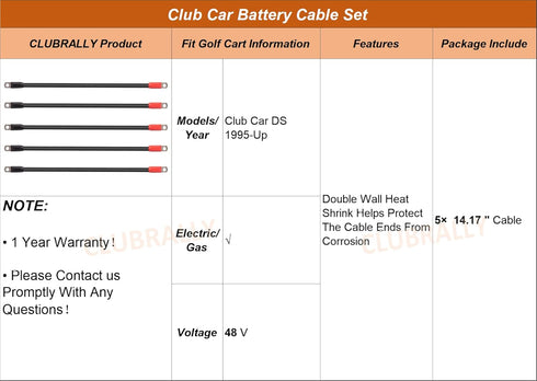 Golf Cart Battery Cable Set for Club Car DS 1995-Up, 48 Volt 4 Gauge (Set of 5)