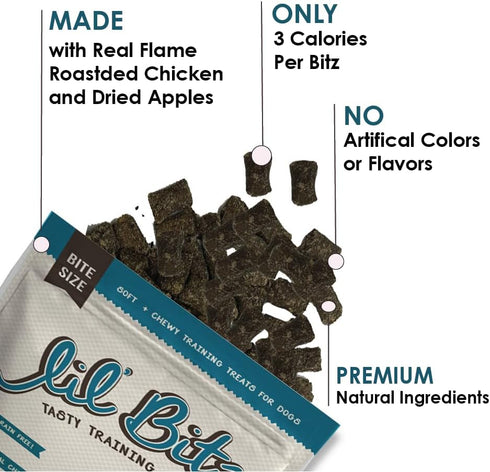 Lil' Bitz Flame Roasted Chicken Training Treats for All Dog Breeds - Low Calories, Grain Free, Natural Ingredients, NASC Compliance - Perfect Reward for Dogs of Every Size (3 Pack)