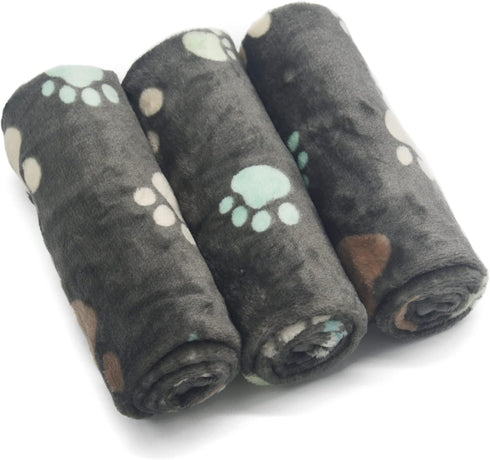 1 Pack 3 Puppy Blankets, Super Soft Warm Sleep Mat with Grey PAW Print, Fleece Pet Blanket for Small Dogs and Fluffy