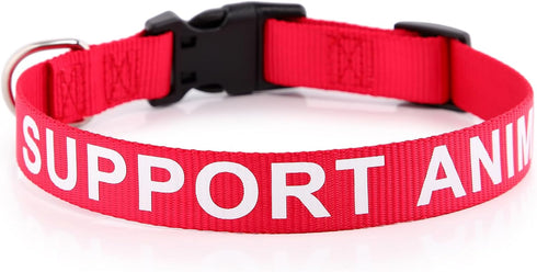 Plutus Pet Support Animal Collar, Printed Warning on Nylon Webbing, Two Colors, Four Sizes, Neck 8-12 inch, Red