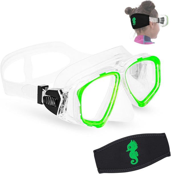 Goggles Kids Swimming Silicone Swim Mask, Snorkeling Gear with Tempered Glass and Cute Neoprene Mask Strap.