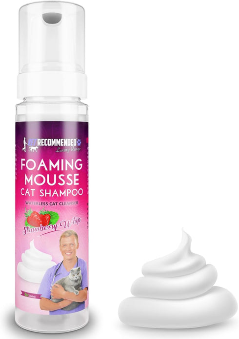 Waterless Cat Shampoo Foaming Mouse - 8 Oz/240 ml Strawberry Patch Scent - Alcohol & Detergent Free for Sensitive Skin