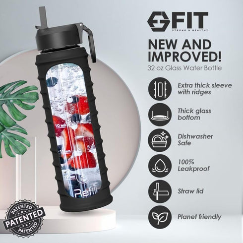 32 oz 1L FIT Strong & Healthy Glass Water Bottle with Straw Lid - Wide Mouth Borosilicate Glass Water Bottles with Time