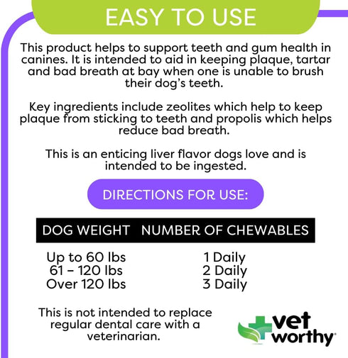 60ct Vet Worthy Chewable Toothpaste - Dog Teeth Cleaning Chews with Propolis & Zeolites - Toothpaste for Dogs - Tartar