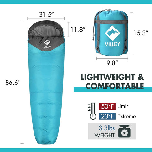 VILLEY Mummy Sleeping Bag - Lightweight Backpacking Sleeping Bag for Adults & Kids, 3-4 Seasons