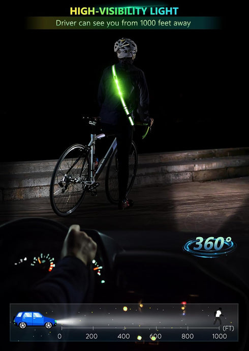 LED Reflective Belt Sash, High Visibility Night Running Safety Gear, Rechargeable Light Up Running Belt