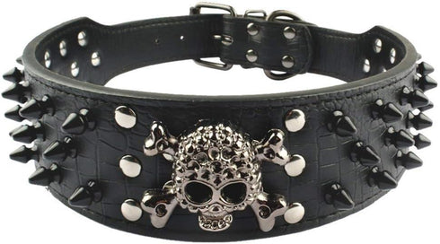 Spiked Studded Dog Collar, Stylish Leather, 2 Inch Width, Fit Medium & Large Dogs, Black (M)