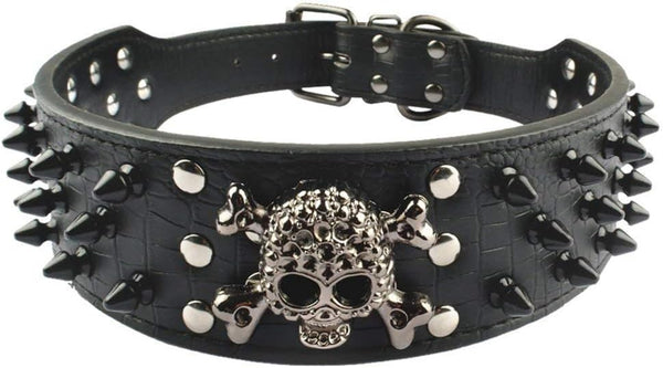 Spiked Studded Dog Collar, Stylish Leather, 2 Inch Width, Fit Medium & Large Dogs, Black (M)