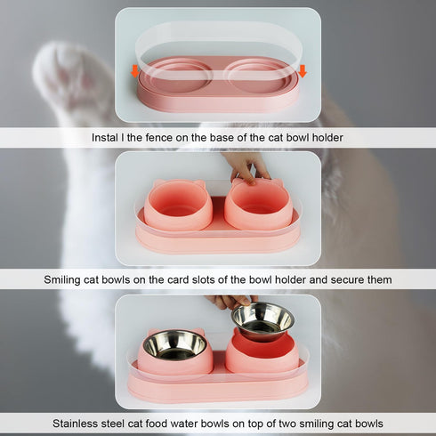 Elevated Cat Food Bowls, Raised Stainless Steel Bowl Set, Tilted Anti Vomiting Double Cat Food and Water Bowls