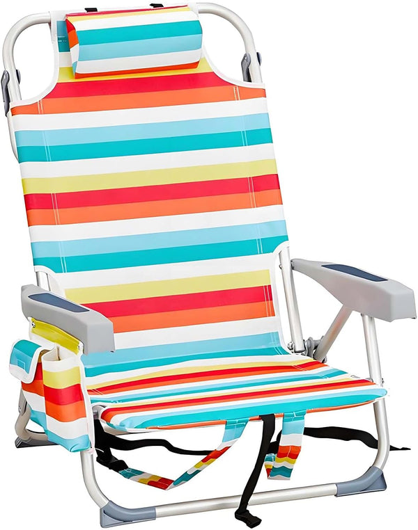 Generic Folding Beach Chair, Portable Camping Chairs with Headrest, Cup Holder & Armrests,