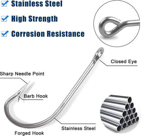 Saltwater Fishing Hooks Set, Stainless Steel O'Shaughnessy Forged Long Shank Hooks for Saltwater Freshwater