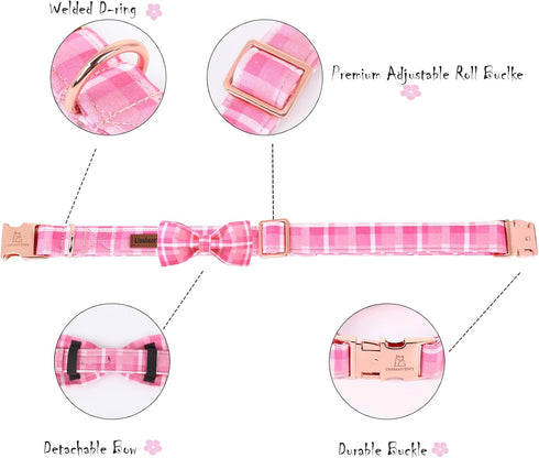 Lionheart Glory Adjustable Pink Plaid Dog Collar with Bowtie, Soft Bowtie Dog Collars for X-Small Puppy Gift